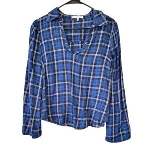 Current Air Blue Plaid Blouse Flare Sleeve Tencel Lyocell Size Small